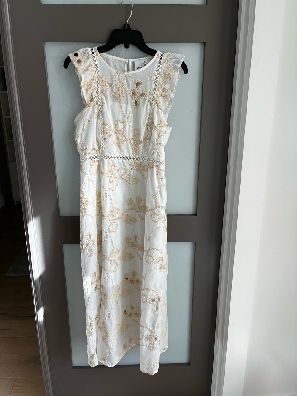 White and Tan Lace-Trim Midi Dress - Women's